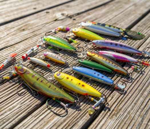 Fishing lures and tackle gear arranged on a wooden surface