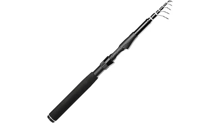 The image shows several compact, extended telescopic fishing rods laid out for review.