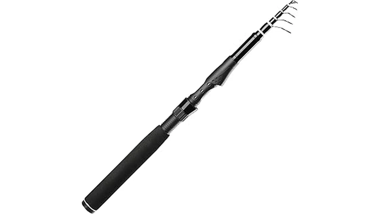 The image shows several compact, extended telescopic fishing rods laid out for review.
